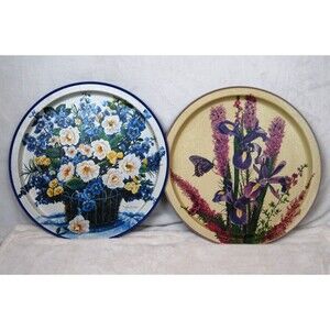 Vintage Metal Floral Trays Set of 2 90's Cottage Core Julie Inman 13.5 Diameter